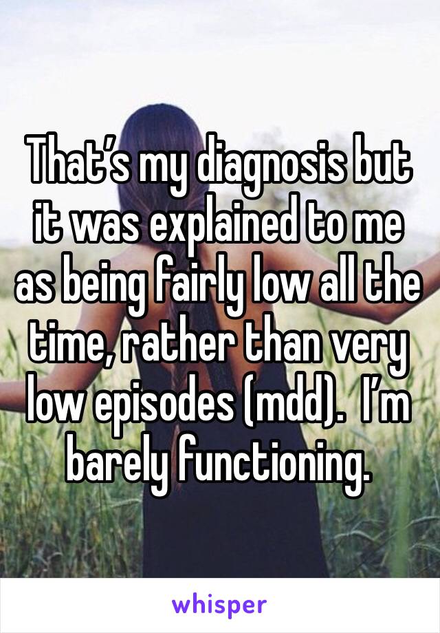 That’s my diagnosis but it was explained to me as being fairly low all the time, rather than very low episodes (mdd).  I’m barely functioning.  