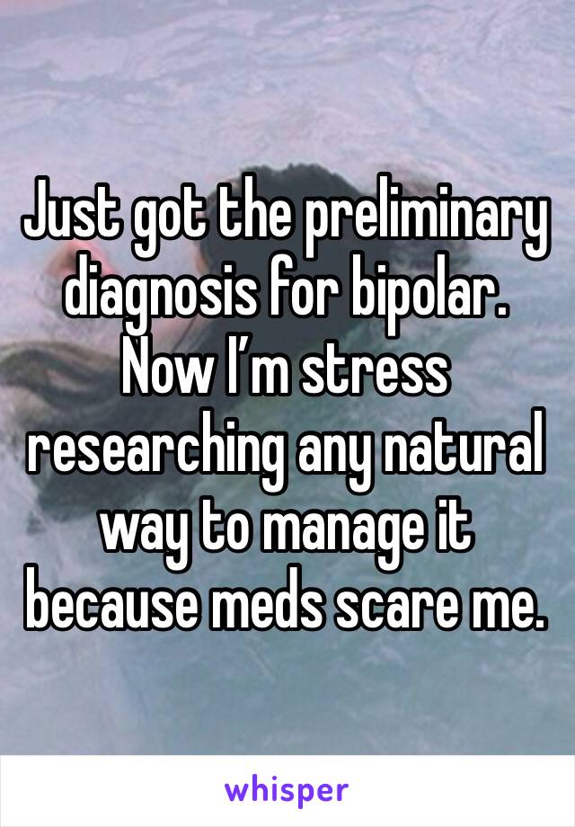 Just got the preliminary diagnosis for bipolar. Now I’m stress researching any natural way to manage it because meds scare me. 