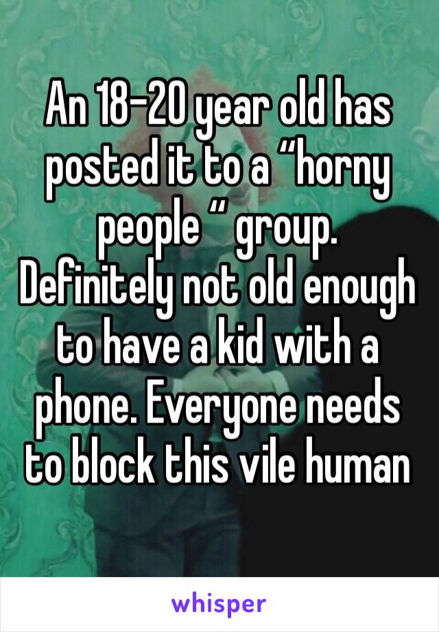 An 18-20 year old has posted it to a “horny people “ group. 
Definitely not old enough to have a kid with a phone. Everyone needs to block this vile human 