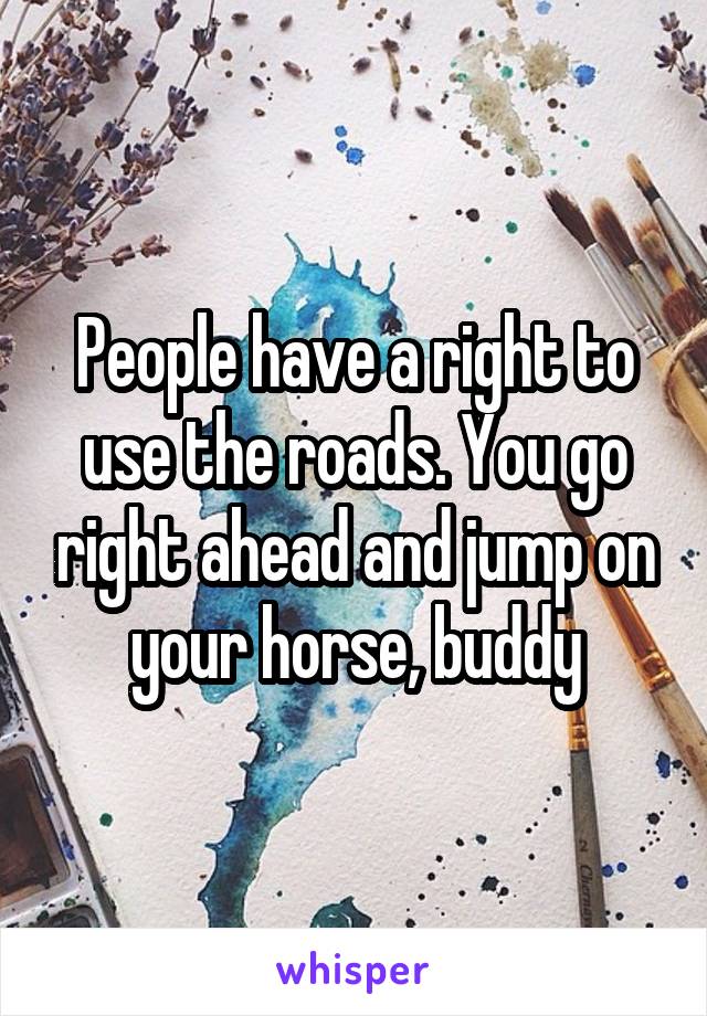 People have a right to use the roads. You go right ahead and jump on your horse, buddy