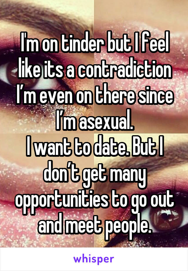I'm on tinder but I feel like its a contradiction I’m even on there since I’m asexual.
I want to date. But I don’t get many opportunities to go out and meet people.