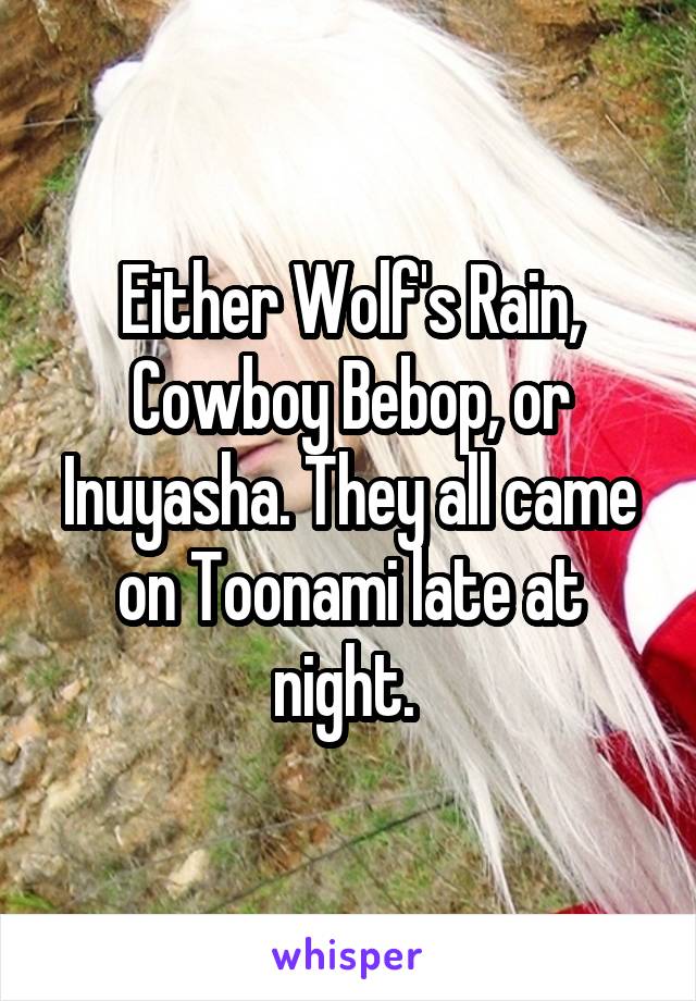 Either Wolf's Rain, Cowboy Bebop, or Inuyasha. They all came on Toonami late at night. 