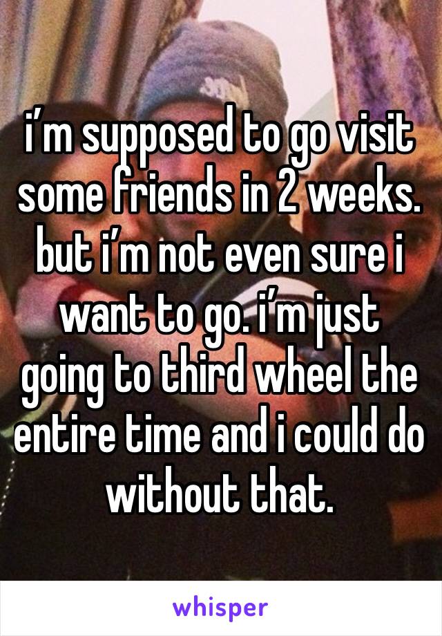 i’m supposed to go visit some friends in 2 weeks. but i’m not even sure i want to go. i’m just going to third wheel the entire time and i could do without that. 