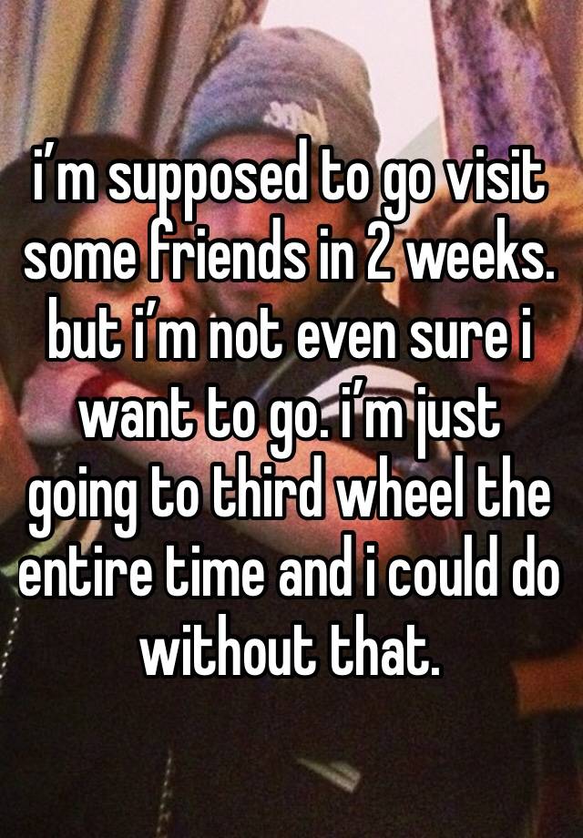 i’m supposed to go visit some friends in 2 weeks. but i’m not even sure i want to go. i’m just going to third wheel the entire time and i could do without that. 