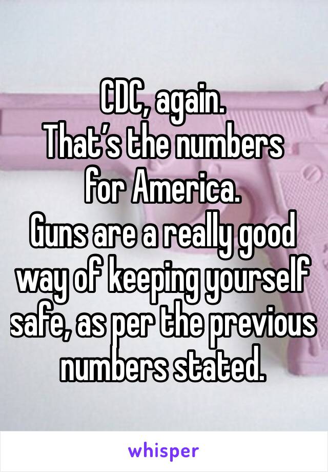 CDC, again.
That’s the numbers for America.
Guns are a really good way of keeping yourself safe, as per the previous numbers stated.