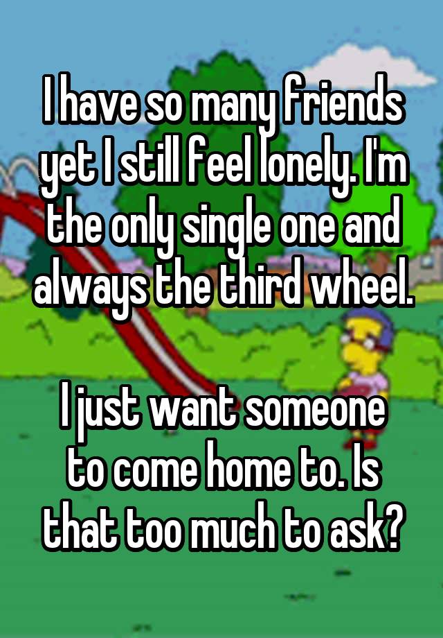 I have so many friends yet I still feel lonely. I'm the only single one and always the third wheel.

I just want someone to come home to. Is that too much to ask?