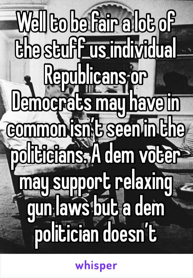 Well to be fair a lot of the stuff us individual Republicans or Democrats may have in common isn’t seen in the politicians. A dem voter may support relaxing gun laws but a dem politician doesn’t 