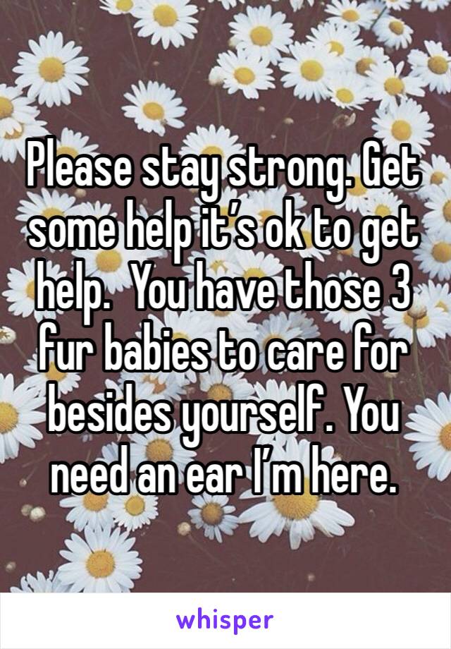 Please stay strong. Get some help it’s ok to get help.  You have those 3 fur babies to care for besides yourself. You need an ear I’m here. 