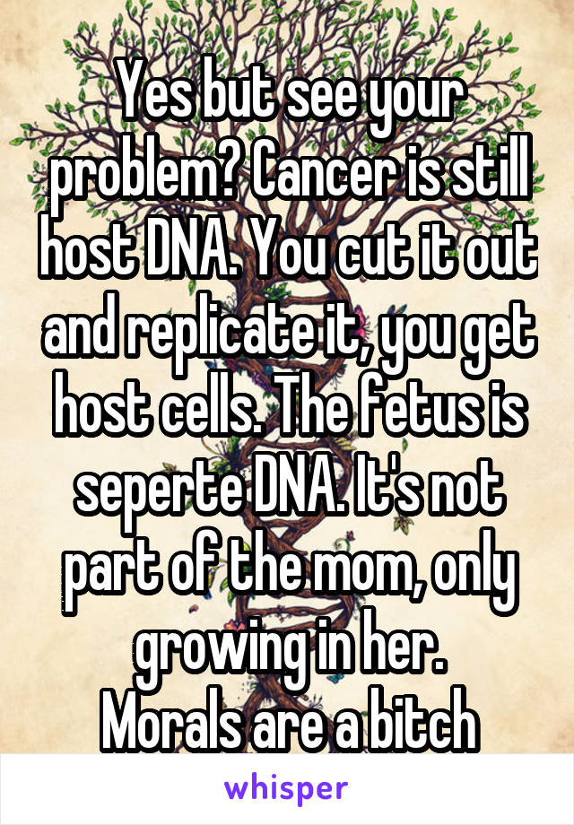 Yes but see your problem? Cancer is still host DNA. You cut it out and replicate it, you get host cells. The fetus is seperte DNA. It's not part of the mom, only growing in her.
Morals are a bitch