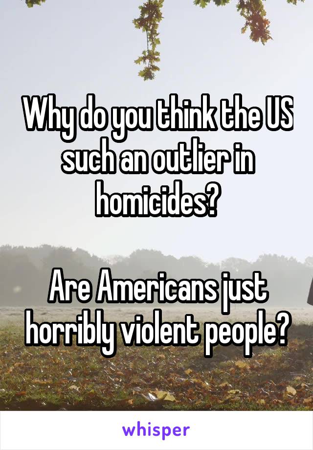 Why do you think the US such an outlier in homicides?

Are Americans just horribly violent people?