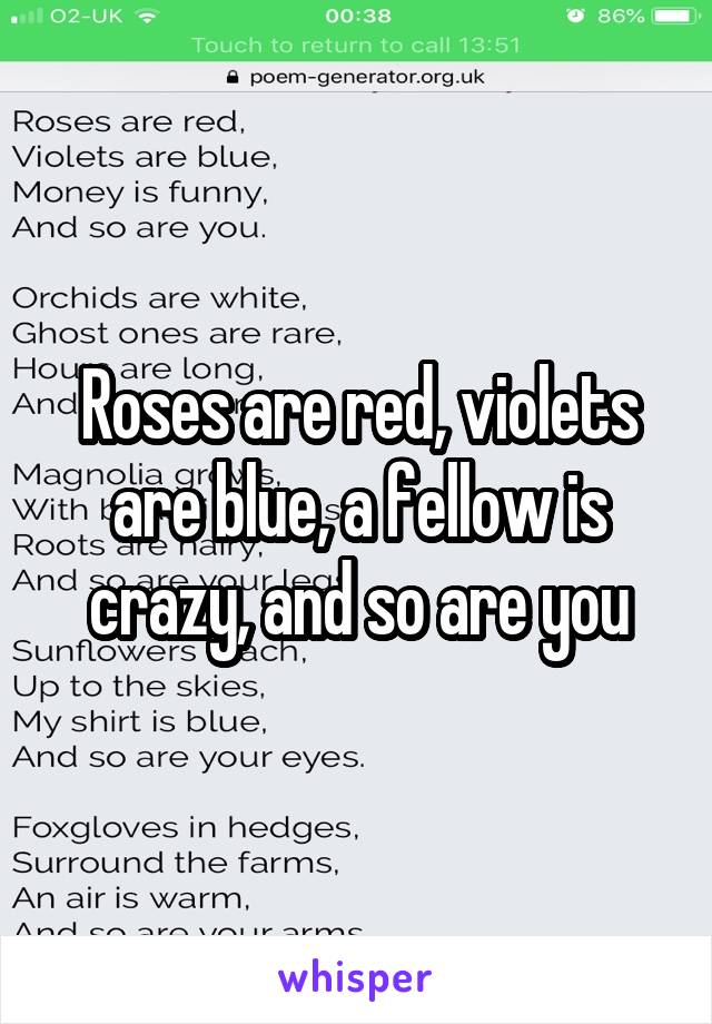Roses are red, violets are blue, a fellow is crazy, and so are you
