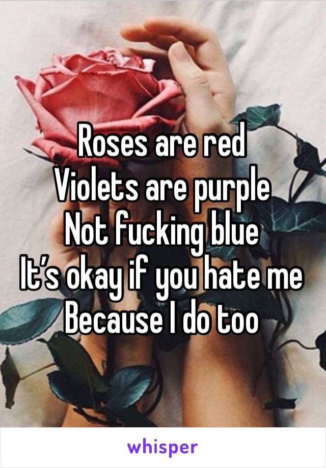 Roses are red
Violets are purple
Not fucking blue
It’s okay if you hate me
Because I do too