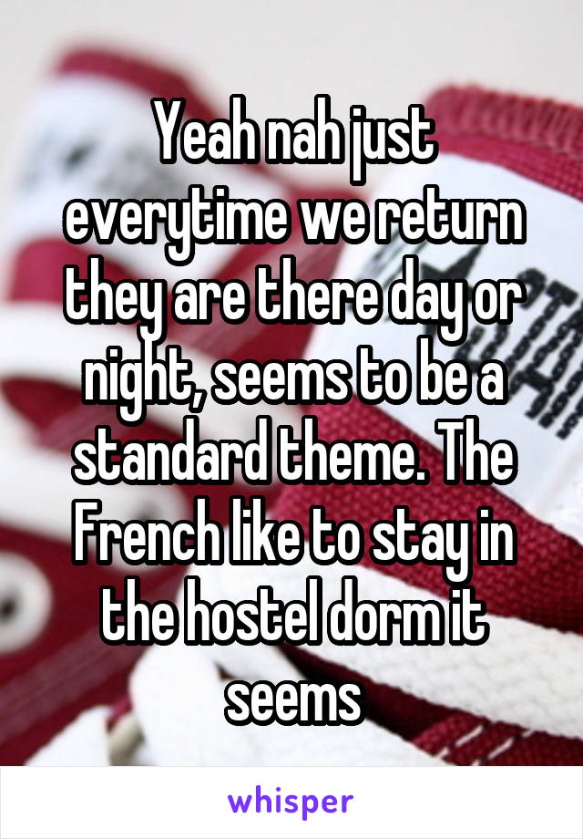 Yeah nah just everytime we return they are there day or night, seems to be a standard theme. The French like to stay in the hostel dorm it seems