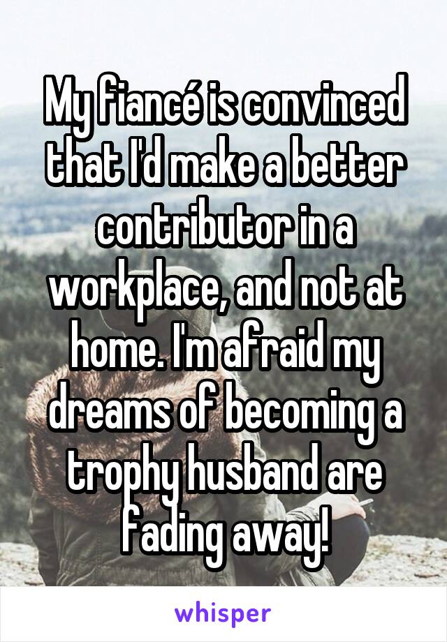 My fiancé is convinced that I'd make a better contributor in a workplace, and not at home. I'm afraid my dreams of becoming a trophy husband are fading away!