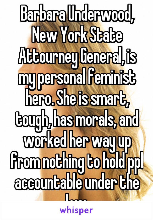 Barbara Underwood, New York State Attourney General, is my personal feminist hero. She is smart, tough, has morals, and worked her way up from nothing to hold ppl accountable under the law.