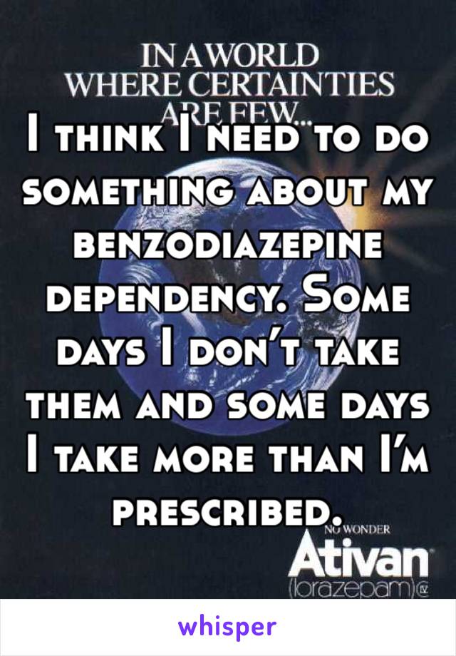 I think I need to do
something about my benzodiazepine dependency. Some days I don’t take them and some days I take more than I’m prescribed.