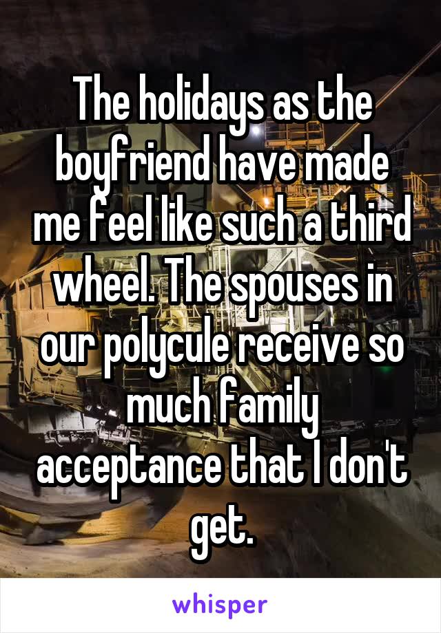 The holidays as the boyfriend have made me feel like such a third wheel. The spouses in our polycule receive so much family acceptance that I don't get.