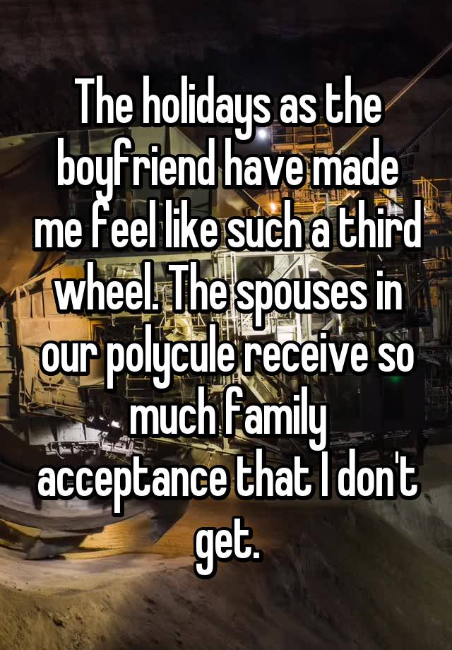 The holidays as the boyfriend have made me feel like such a third wheel. The spouses in our polycule receive so much family acceptance that I don't get.