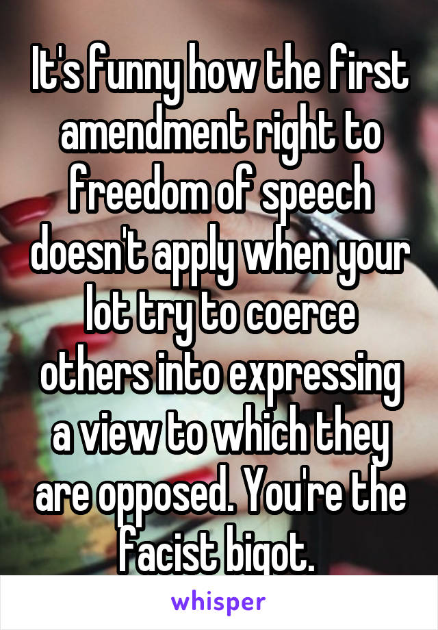 It's funny how the first amendment right to freedom of speech doesn't apply when your lot try to coerce others into expressing a view to which they are opposed. You're the facist bigot. 