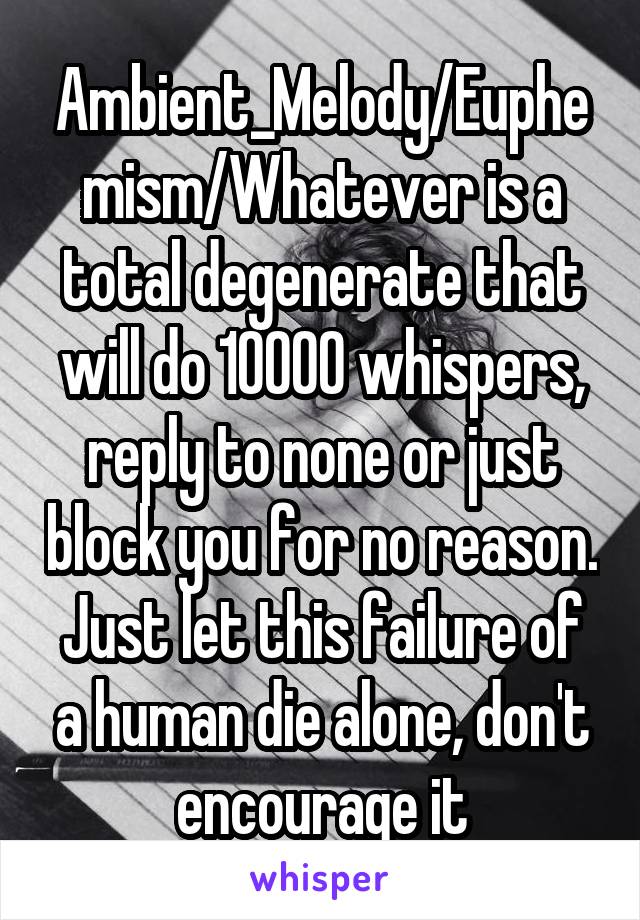 Ambient_Melody/Euphemism/Whatever is a total degenerate that will do 10000 whispers, reply to none or just block you for no reason. Just let this failure of a human die alone, don't encourage it