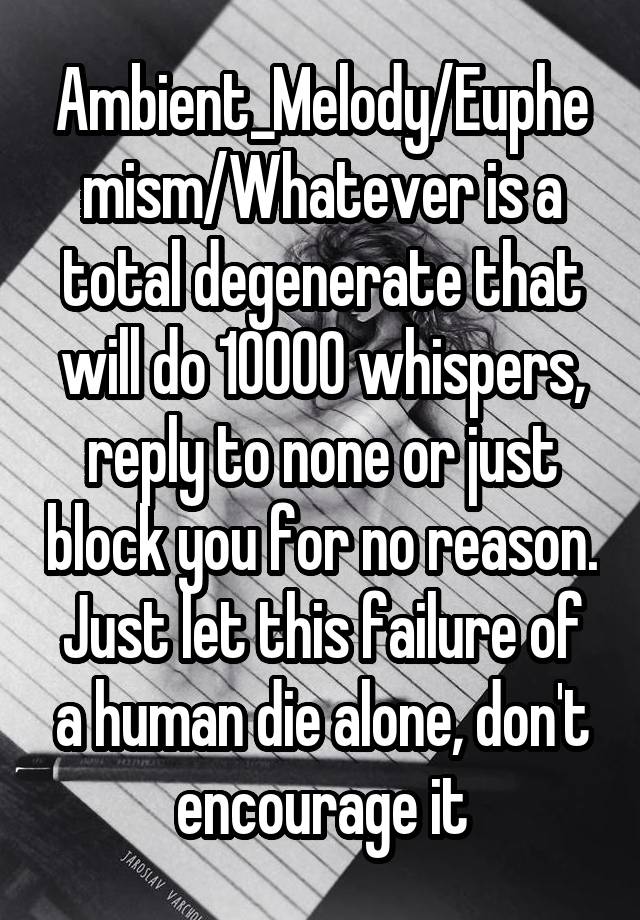 Ambient_Melody/Euphemism/Whatever is a total degenerate that will do 10000 whispers, reply to none or just block you for no reason. Just let this failure of a human die alone, don't encourage it