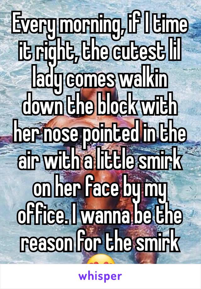 Every morning, if I time it right, the cutest lil lady comes walkin down the block with her nose pointed in the air with a little smirk on her face by my office. I wanna be the reason for the smirk 😍