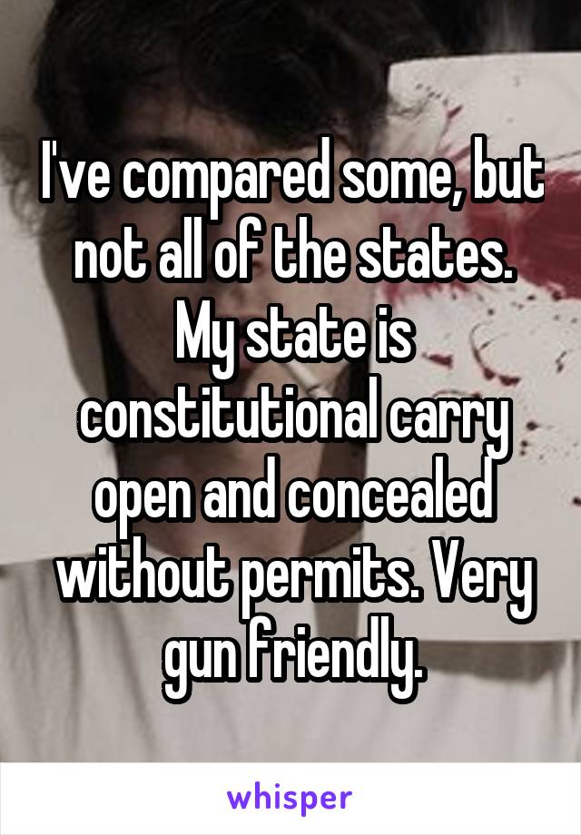 I've compared some, but not all of the states. My state is constitutional carry open and concealed without permits. Very gun friendly.