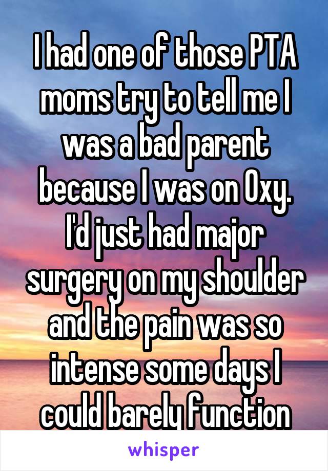 I had one of those PTA moms try to tell me I was a bad parent because I was on Oxy.
I'd just had major surgery on my shoulder and the pain was so intense some days I could barely function