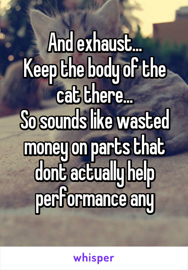 And exhaust...
Keep the body of the cat there...
So sounds like wasted money on parts that dont actually help performance any
