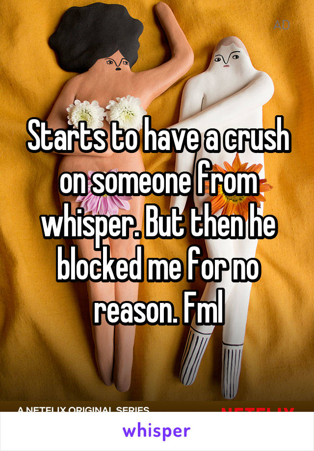 Starts to have a crush on someone from whisper. But then he blocked me for no reason. Fml