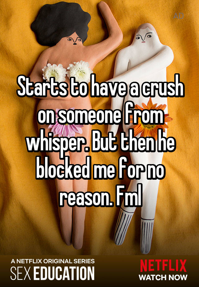 Starts to have a crush on someone from whisper. But then he blocked me for no reason. Fml