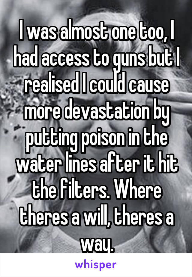 I was almost one too, I had access to guns but I realised I could cause more devastation by putting poison in the water lines after it hit the filters. Where theres a will, theres a way.