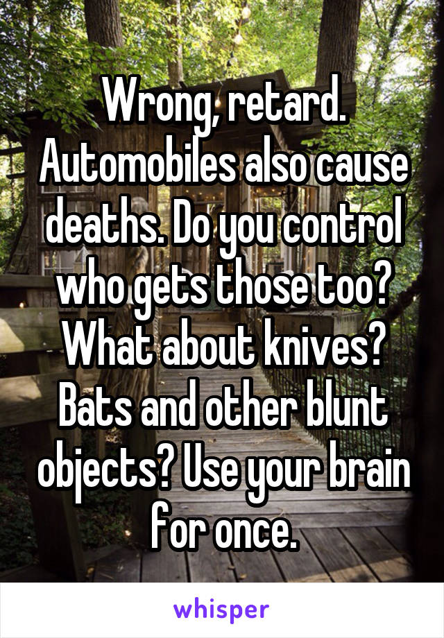 Wrong, retard. Automobiles also cause deaths. Do you control who gets those too? What about knives? Bats and other blunt objects? Use your brain for once.