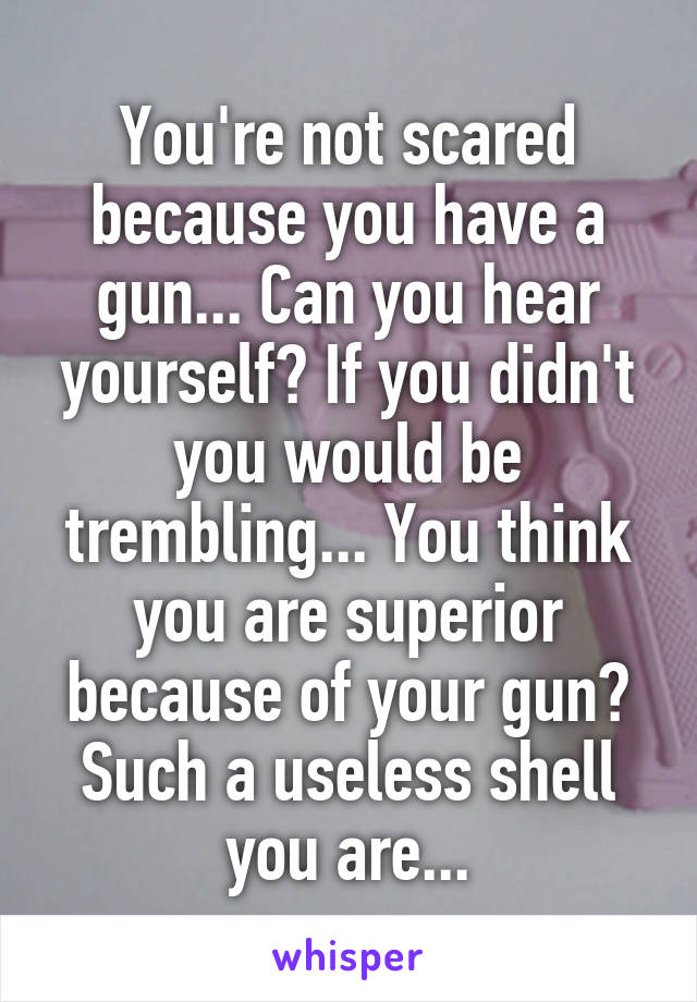 You're not scared because you have a gun... Can you hear yourself? If you didn't you would be trembling... You think you are superior because of your gun? Such a useless shell you are...