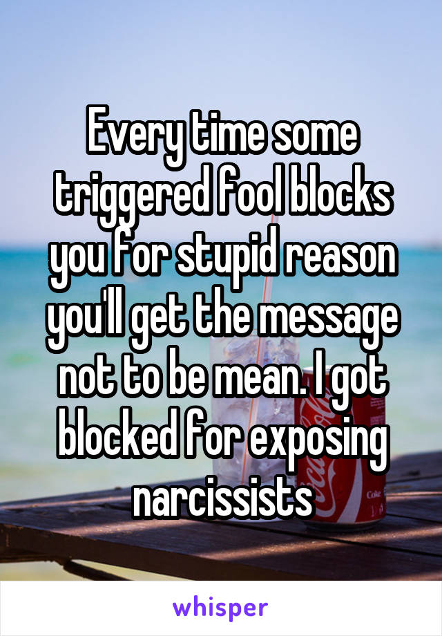 Every time some triggered fool blocks you for stupid reason you'll get the message not to be mean. I got blocked for exposing narcissists