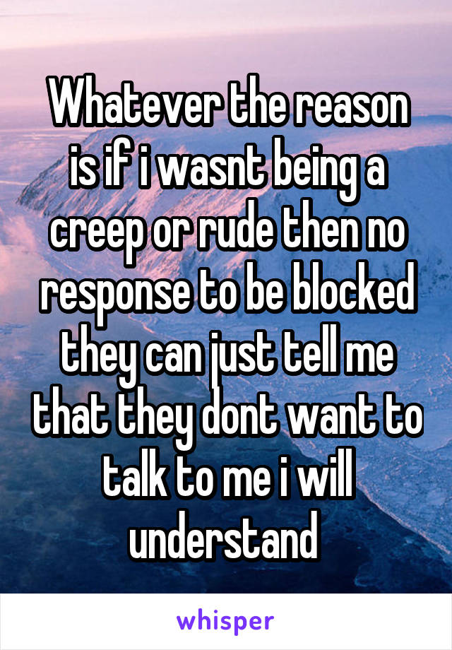 Whatever the reason is if i wasnt being a creep or rude then no response to be blocked they can just tell me that they dont want to talk to me i will understand 