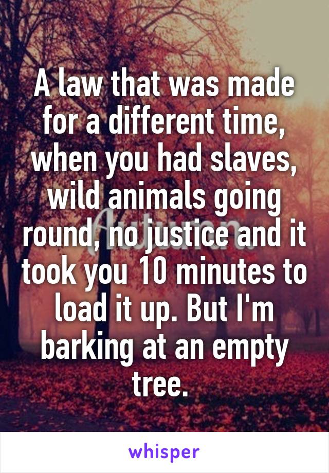 A law that was made for a different time, when you had slaves, wild animals going round, no justice and it took you 10 minutes to load it up. But I'm barking at an empty tree. 