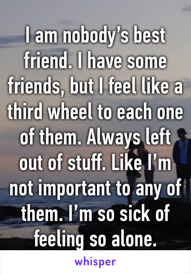 I am nobody’s best friend. I have some friends, but I feel like a third wheel to each one of them. Always left out of stuff. Like I’m not important to any of them. I’m so sick of feeling so alone.