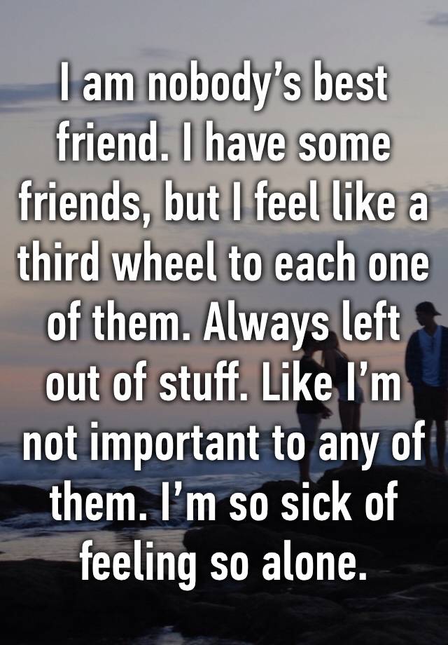 I am nobody’s best friend. I have some friends, but I feel like a third wheel to each one of them. Always left out of stuff. Like I’m not important to any of them. I’m so sick of feeling so alone.