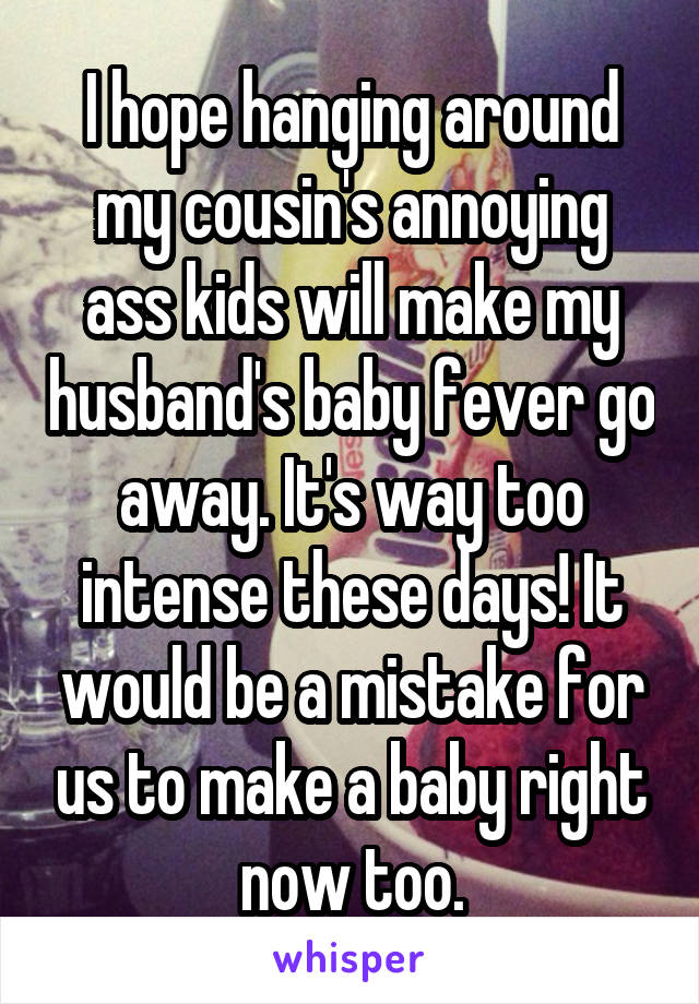 I hope hanging around my cousin's annoying ass kids will make my husband's baby fever go away. It's way too intense these days! It would be a mistake for us to make a baby right now too.