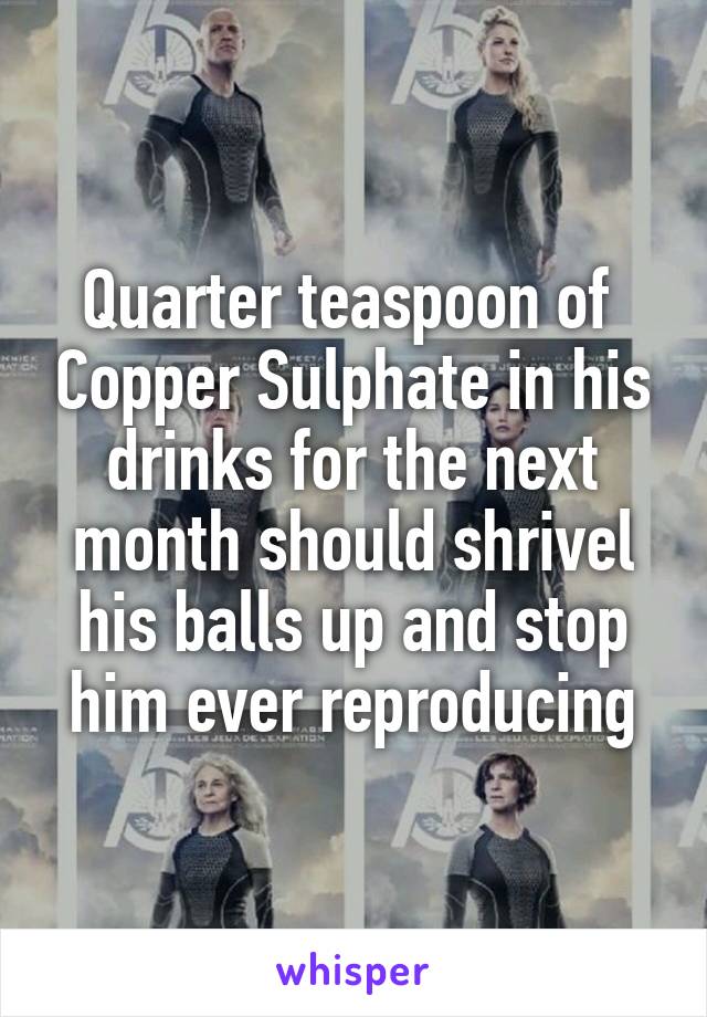 Quarter teaspoon of  Copper Sulphate in his drinks for the next month should shrivel his balls up and stop him ever reproducing