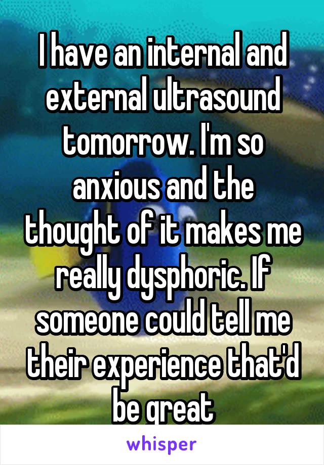 I have an internal and external ultrasound tomorrow. I'm so anxious and the thought of it makes me really dysphoric. If someone could tell me their experience that'd be great