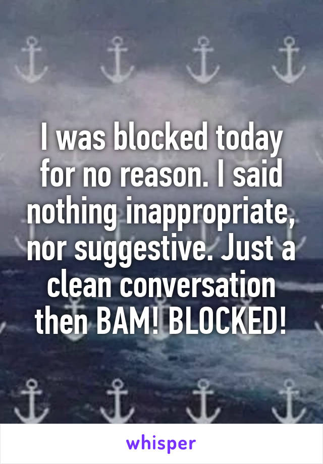 I was blocked today for no reason. I said nothing inappropriate, nor suggestive. Just a clean conversation then BAM! BLOCKED!