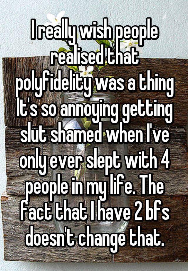 I really wish people realised that polyfidelity was a thing It's so annoying getting slut shamed when I've only ever slept with 4 people in my life. The fact that I have 2 bfs doesn't change that.