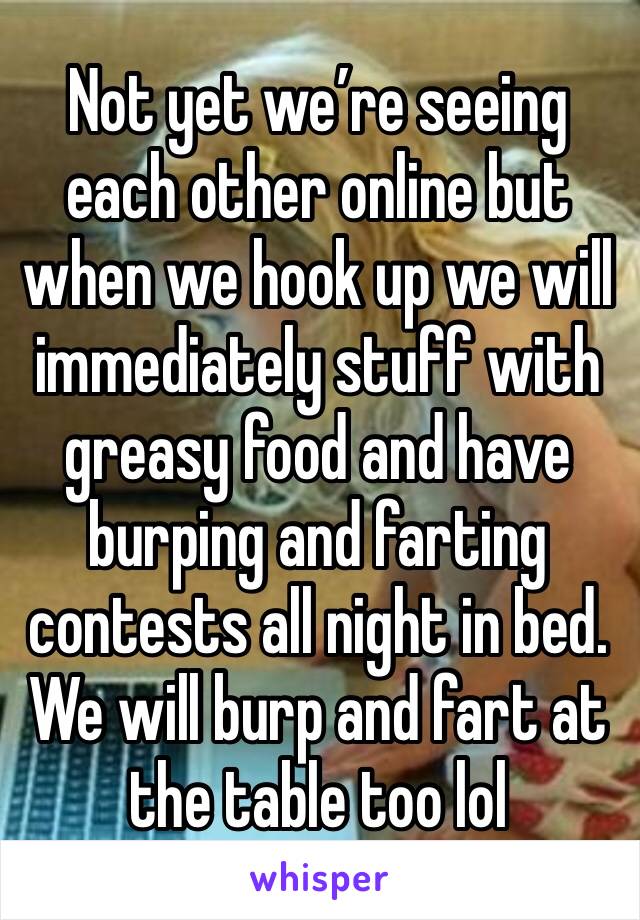 Not yet we’re seeing each other online but when we hook up we will immediately stuff with greasy food and have burping and farting contests all night in bed. We will burp and fart at the table too lol