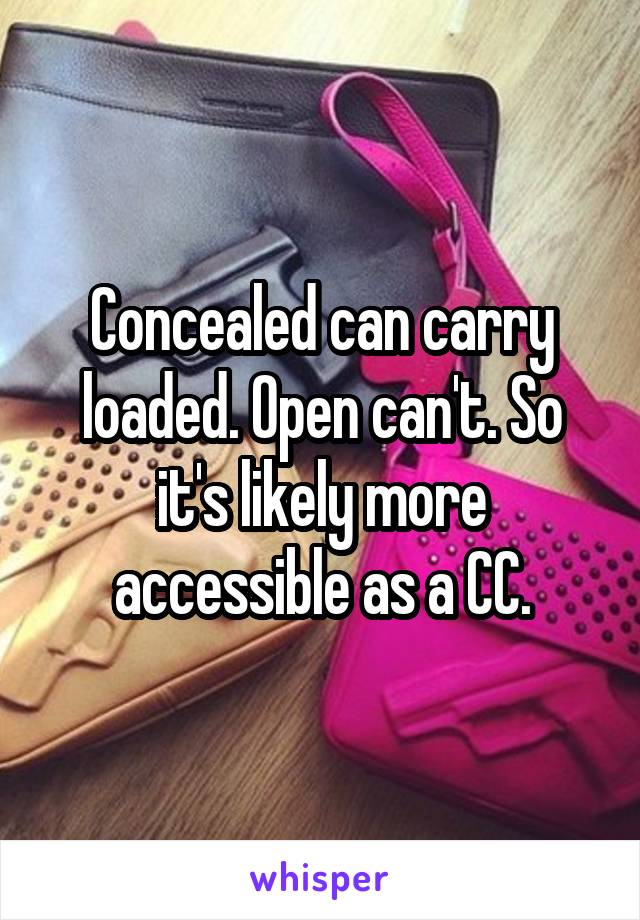 Concealed can carry loaded. Open can't. So it's likely more accessible as a CC.