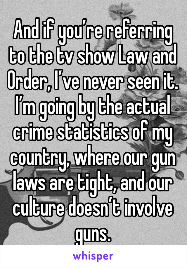 And if you’re referring to the tv show Law and Order, I’ve never seen it. I’m going by the actual crime statistics of my country, where our gun laws are tight, and our culture doesn’t involve guns.