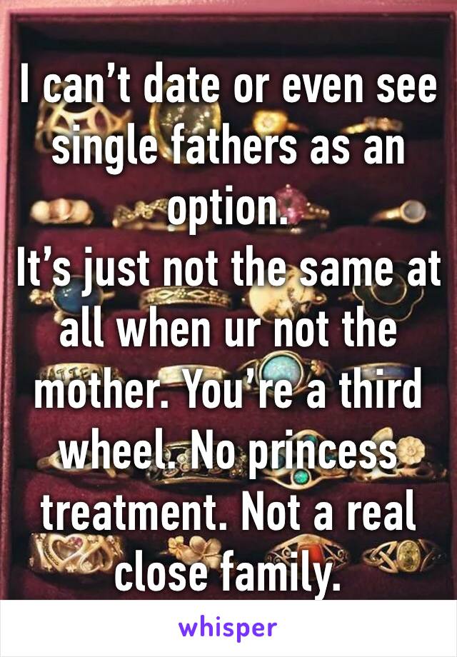 I can’t date or even see single fathers as an option.
It’s just not the same at all when ur not the mother. You’re a third wheel. No princess treatment. Not a real close family.