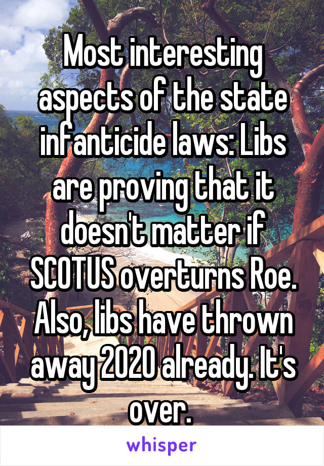 Most interesting aspects of the state infanticide laws: Libs are proving that it doesn't matter if SCOTUS overturns Roe. Also, libs have thrown away 2020 already. It's over. 