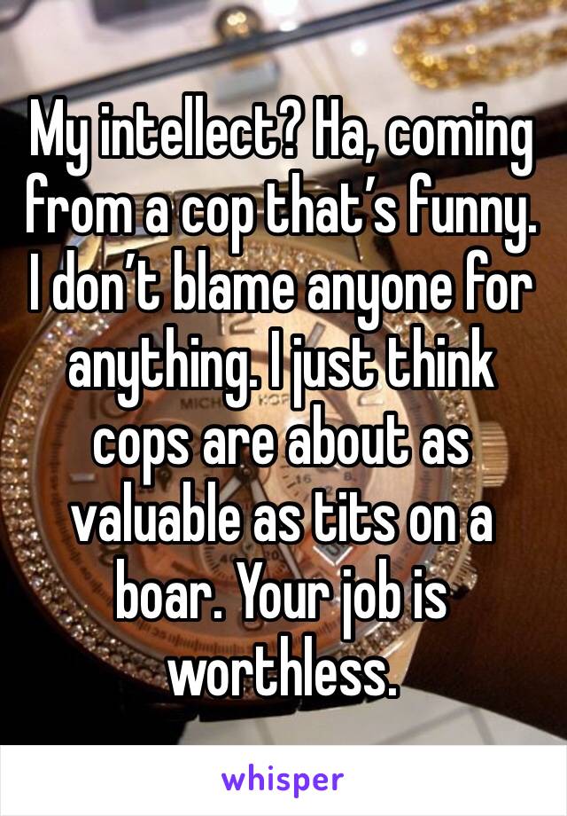 My intellect? Ha, coming from a cop that’s funny. I don’t blame anyone for anything. I just think cops are about as valuable as tits on a boar. Your job is worthless.